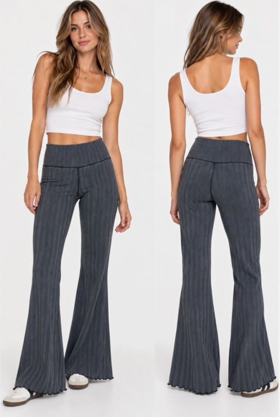 Aerie Offline OG Groove Flare Leggings Large Dark Gray Ribbed Lettuce Hem